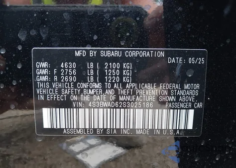 2025 Subaru Legacy Premium z USA, uszkodzony, nr VIN 4S3BWAD62S3025186